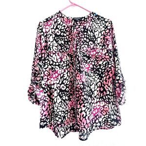 Women's Notations 3/4 Sleeve Button Up Shirt Top petite front pocket Prints  PL.
